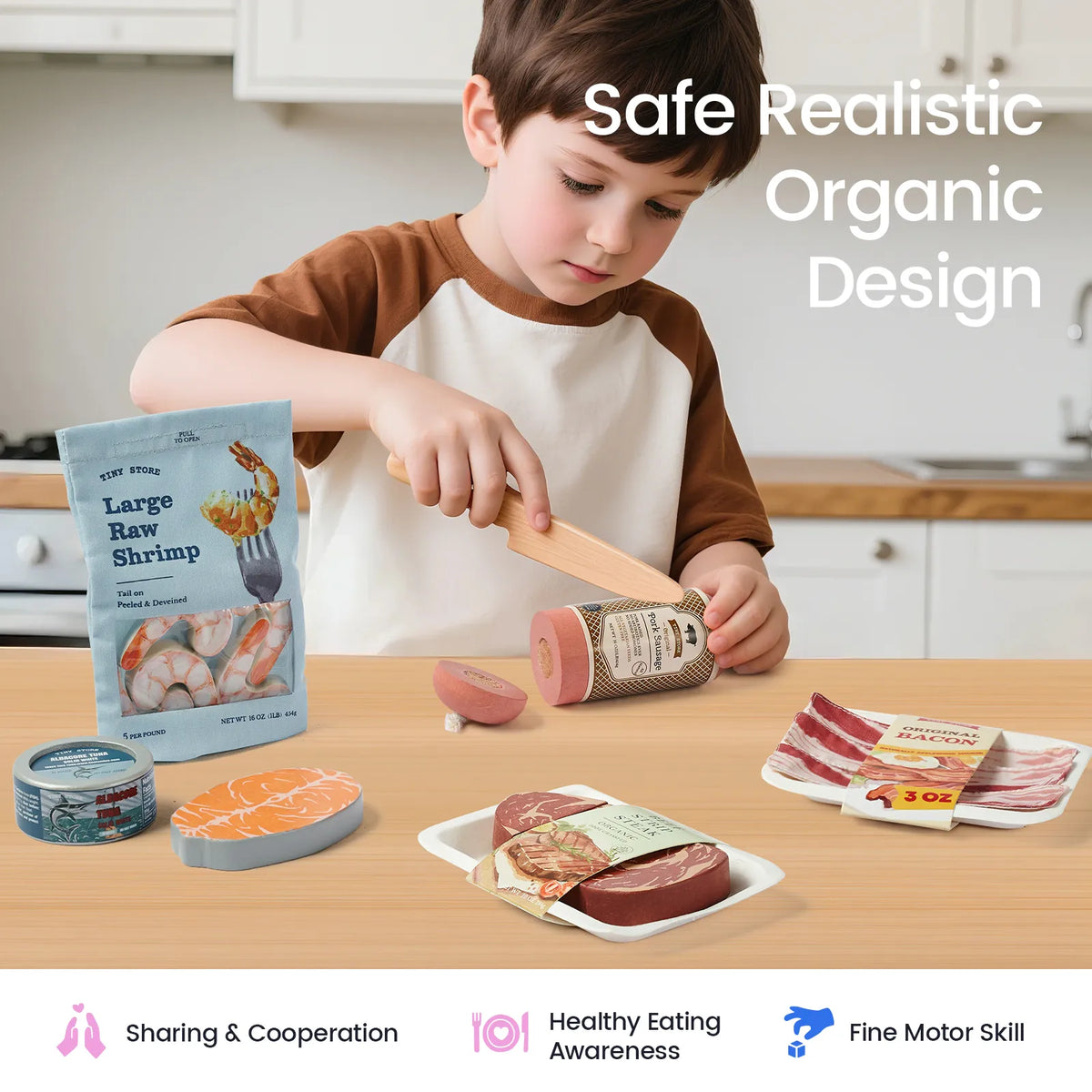 Organic meat and seafood toy pack with shrimp packet and meat roll pieces