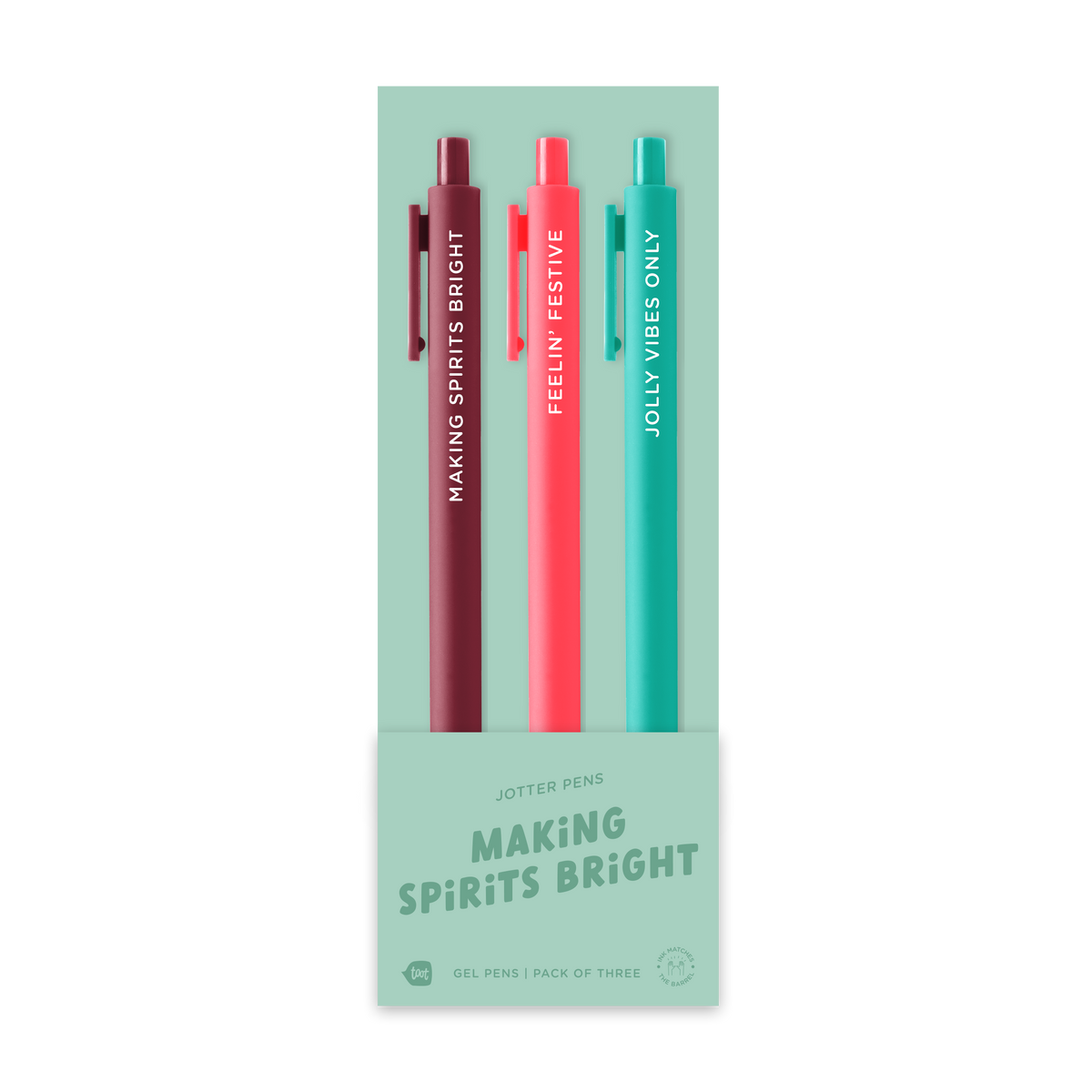 Making Spirits Bright three-pack of gel pens in burgundy, coral, and teal