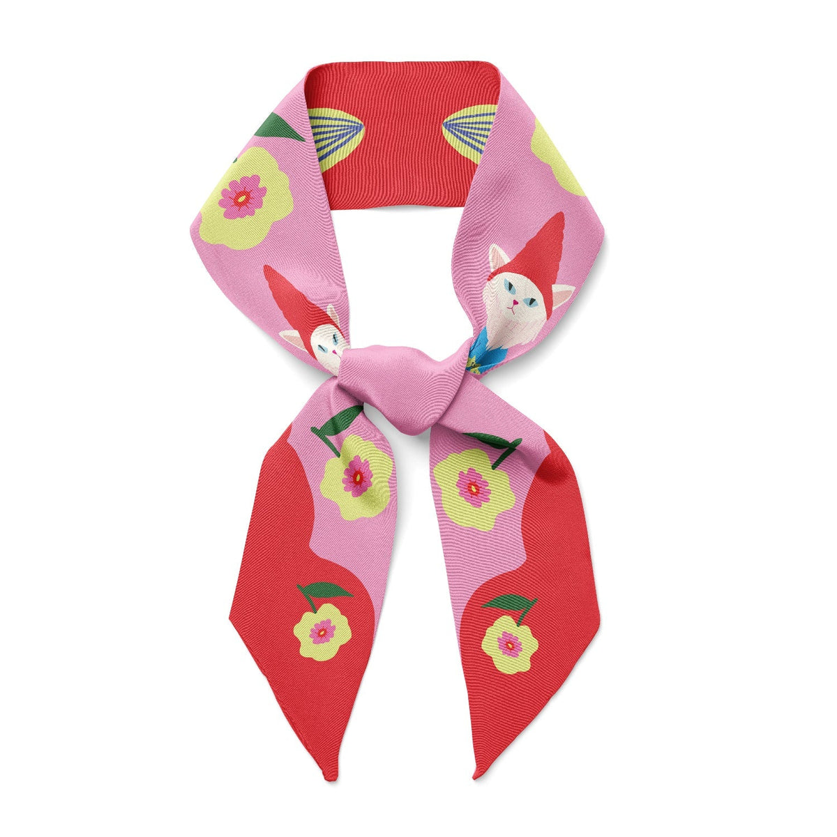 Twilly ribbon scarf in red and pink with cat and flower prints