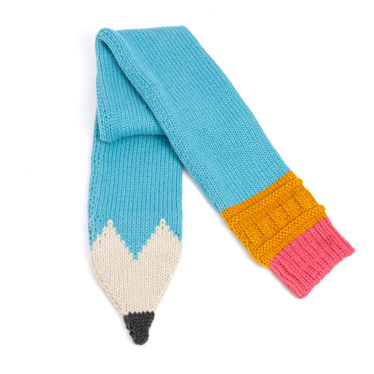 Turquoise knitted pencil scarf with cream pencil point and colorful ends
