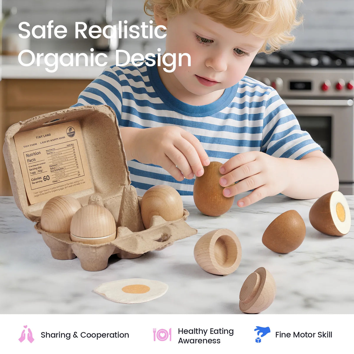 Child handling wooden eggs beside an open egg carton, cut eggs, fried egg, and egg cup.
