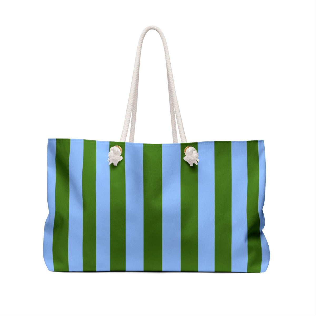 Striped weekender tote with rope handles, green and ice-blue vertical stripes