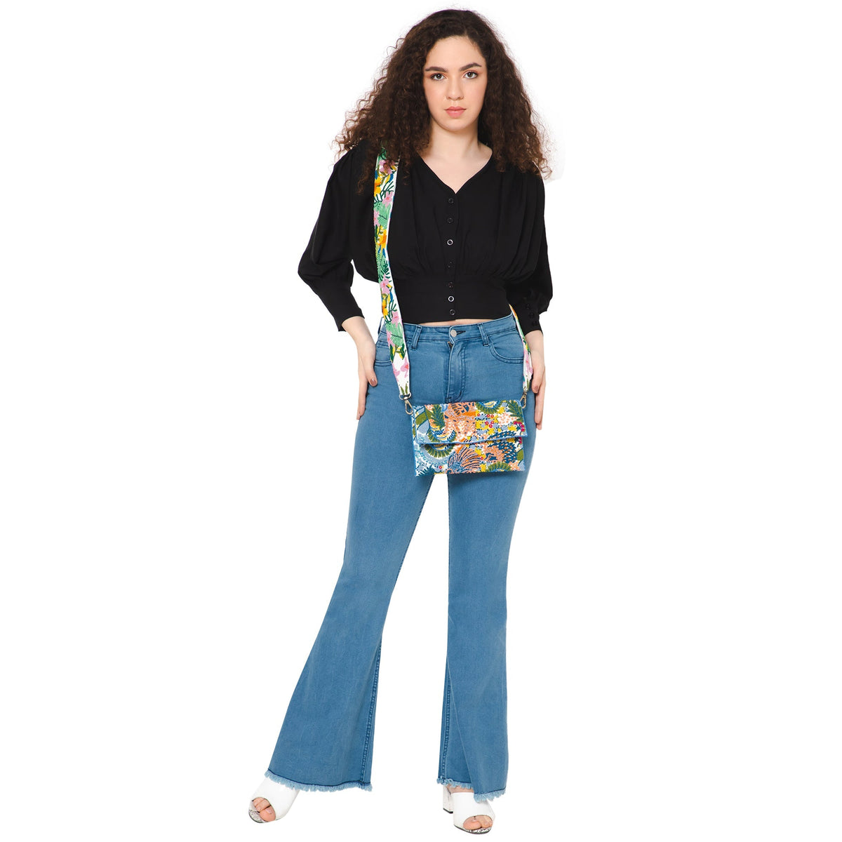 Floral embroidered strap with small multicolor pouch worn crossbody