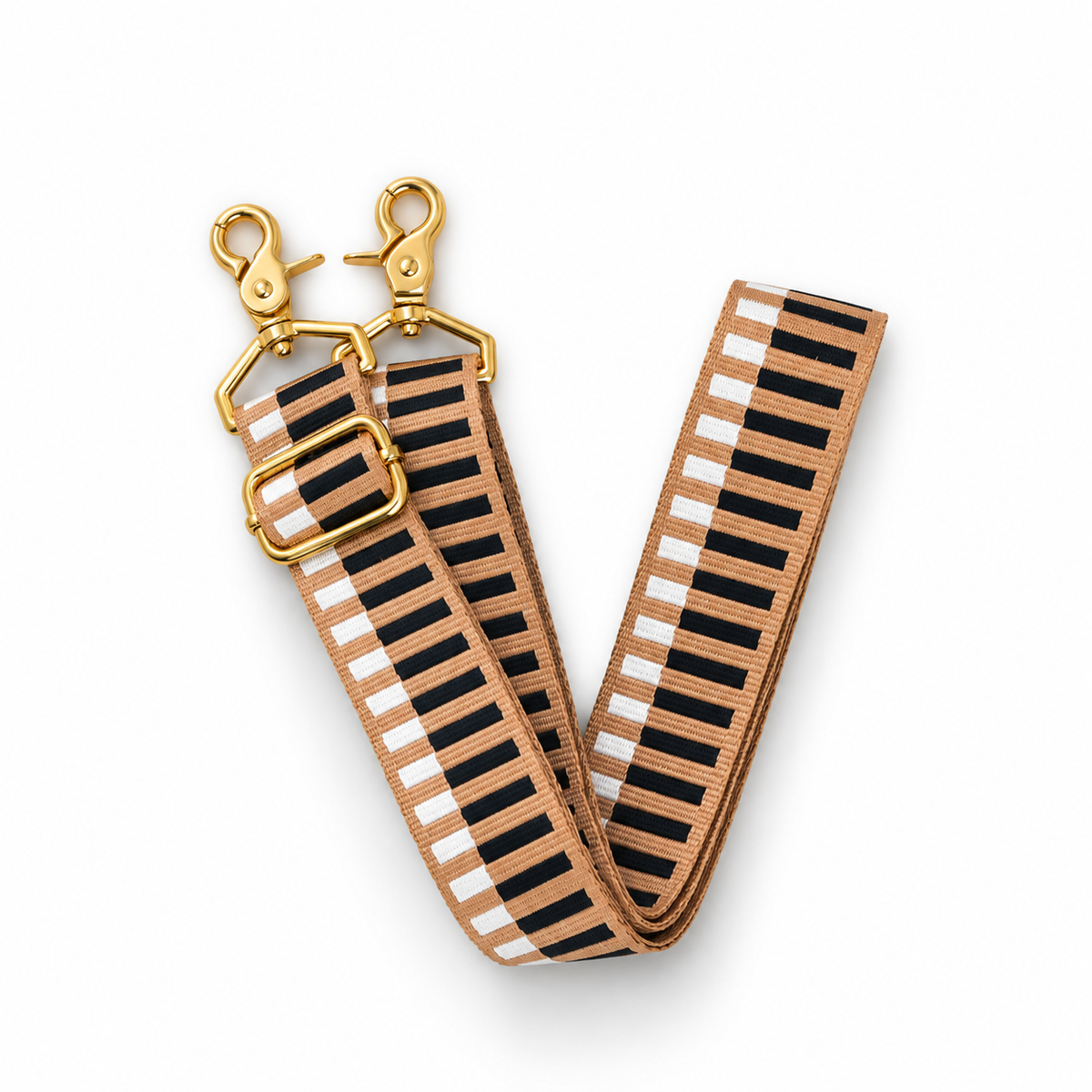 Guitar strap, beige and black striped with white lines, gold hook ends and buckle