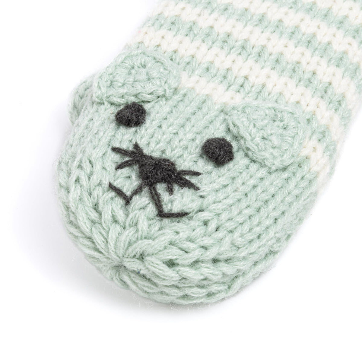 Mint green knit mitten with embroidered animal face and white striped cuff
