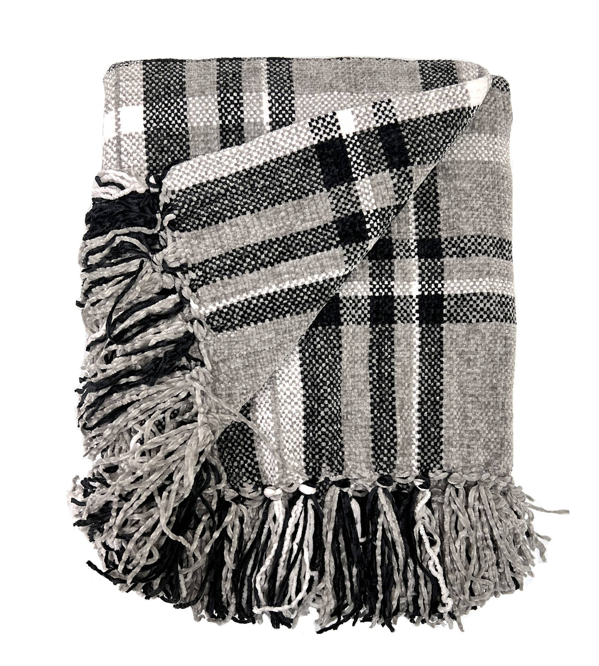 Plaid tassel throw blanket with black, gray, and white patchwork blocks and fringe