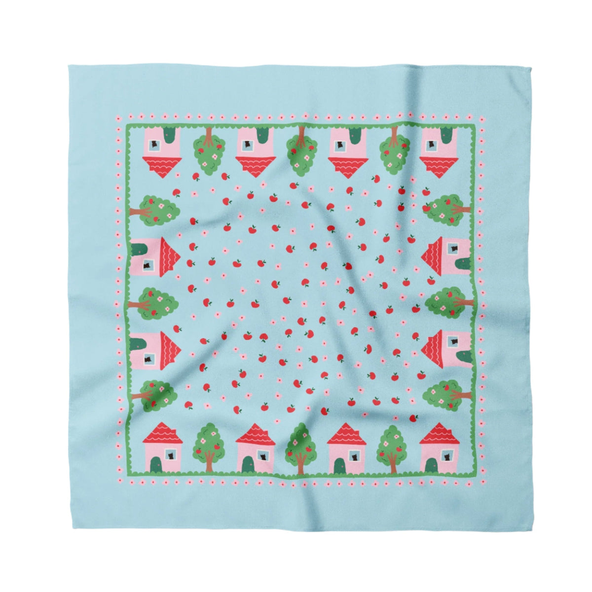 Light blue cotton-silk bandana with red houses, green trees, and border pattern