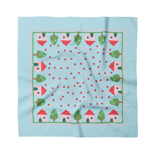 Light blue cotton-silk bandana with red houses, green trees, and border pattern