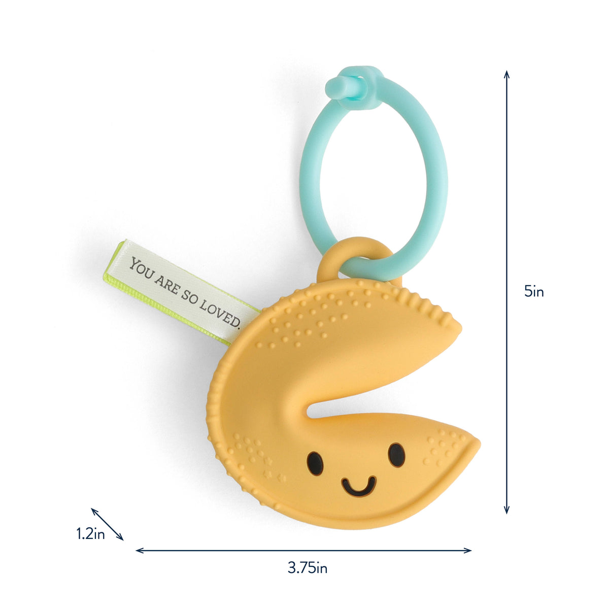 Yellow fortune-cookie silicone teether with blue ring, shown with size arrows