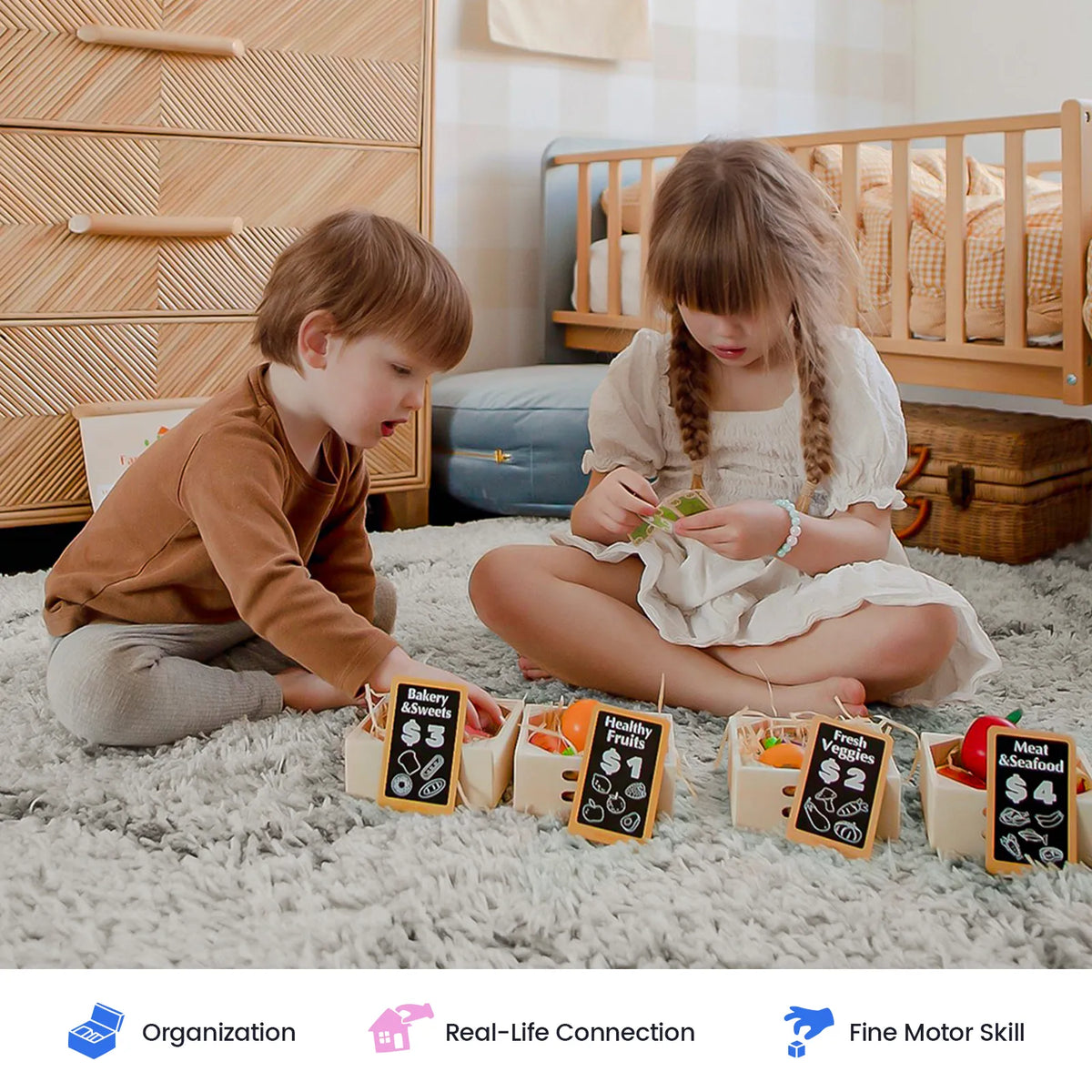 Wooden play food in labeled market crates for pretend shopping