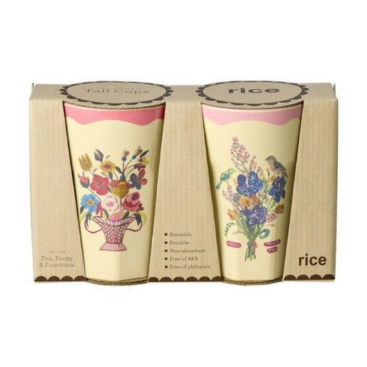 Pink floral melamine tall cup set (2-pack) in gift box, tree and bouquet print
