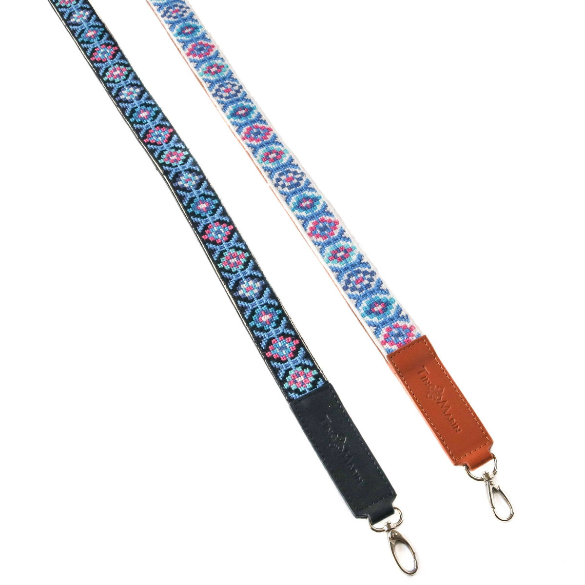 Mai woven bag strap pair with black and blue/pink patterned woven sections