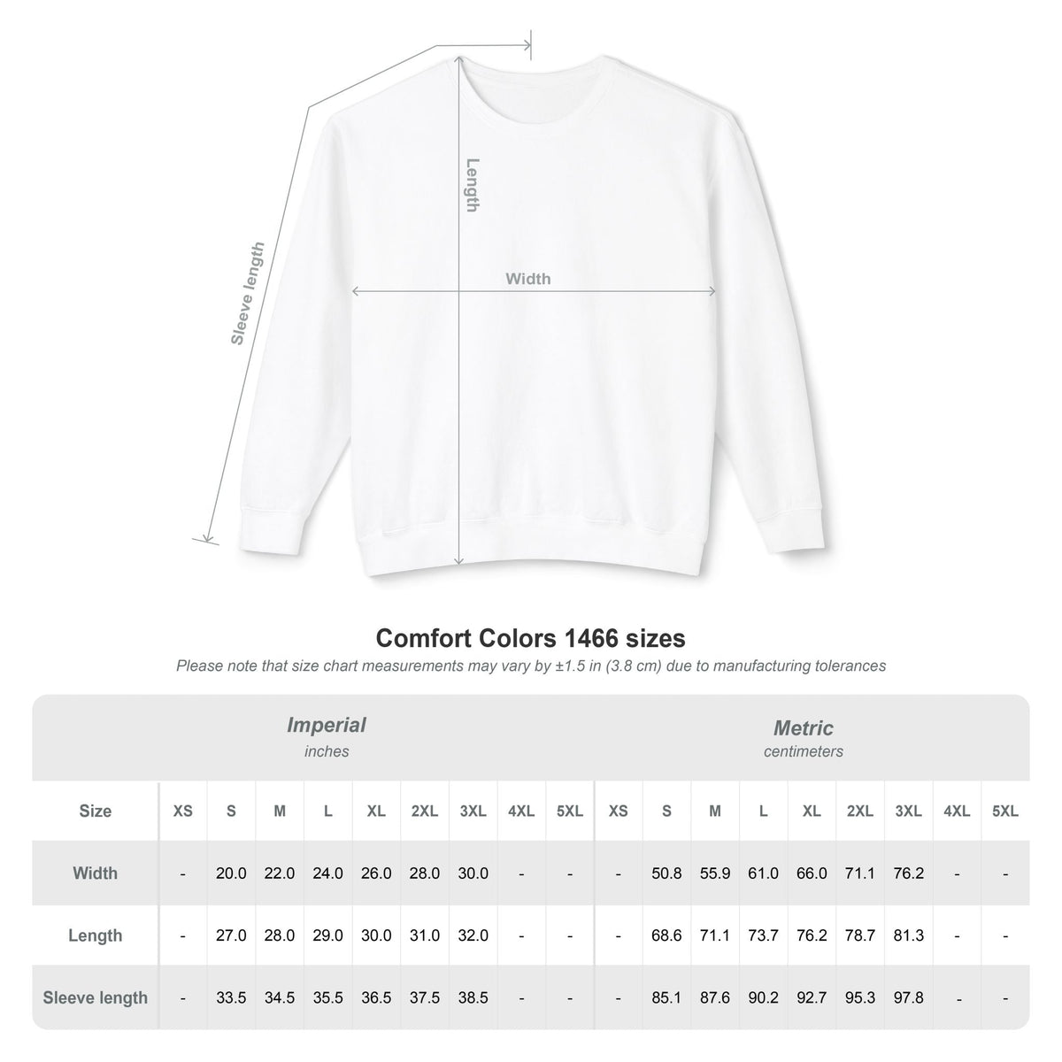 Ladies sweatshirt size chart with width, length, and sleeve length measurements