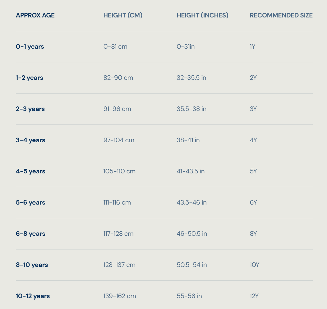 Size chart for baby jogger pants: approximate age, height (cm/in), recommended size
