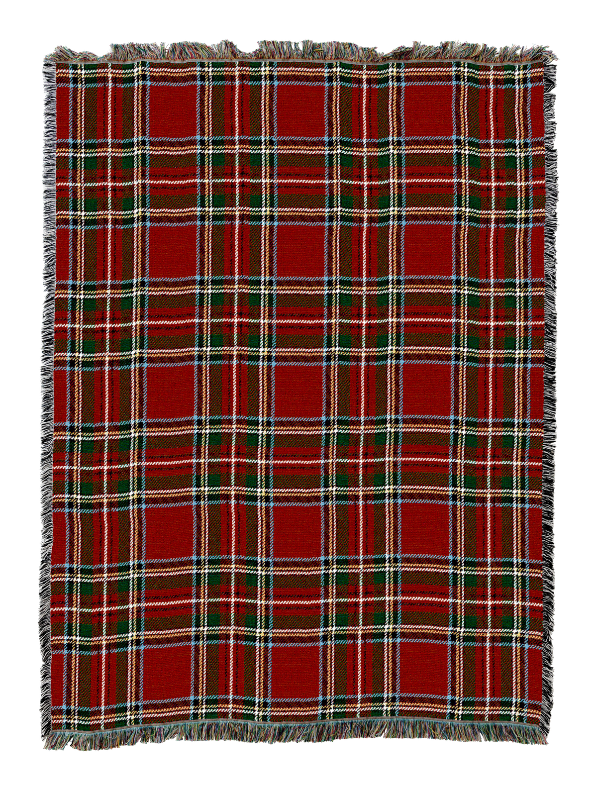 Red and green plaid blanket with fringed border and multicolor stripes