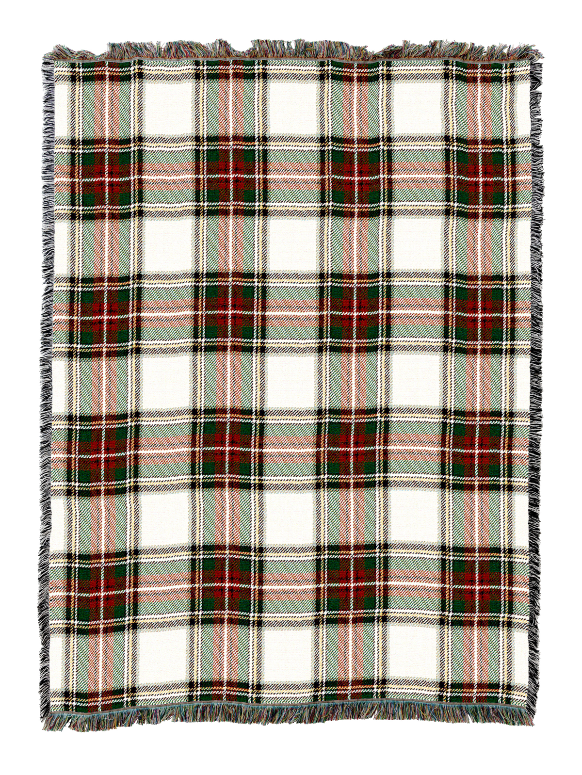 Plaid blanket in cream with red, green, and dark grid lines; fringed border