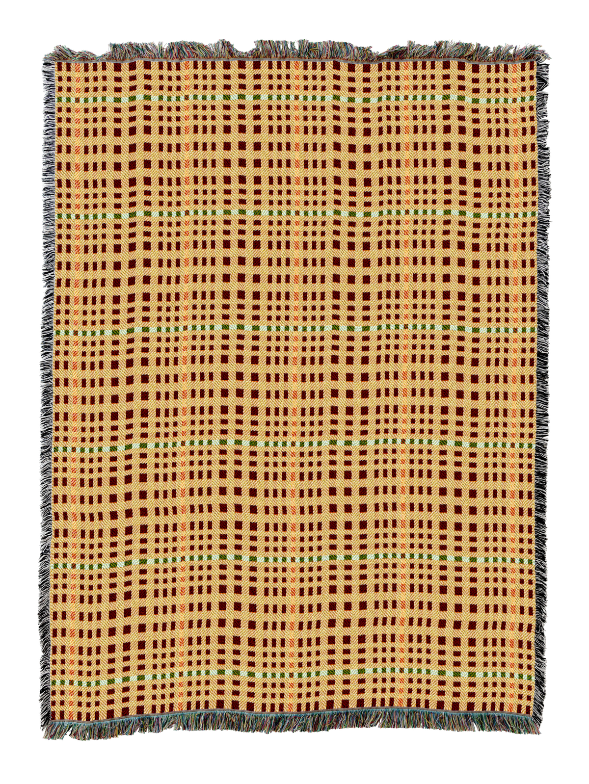 Herringbone-pattern woven blanket in tan and orange grid with blue accents, fringed border