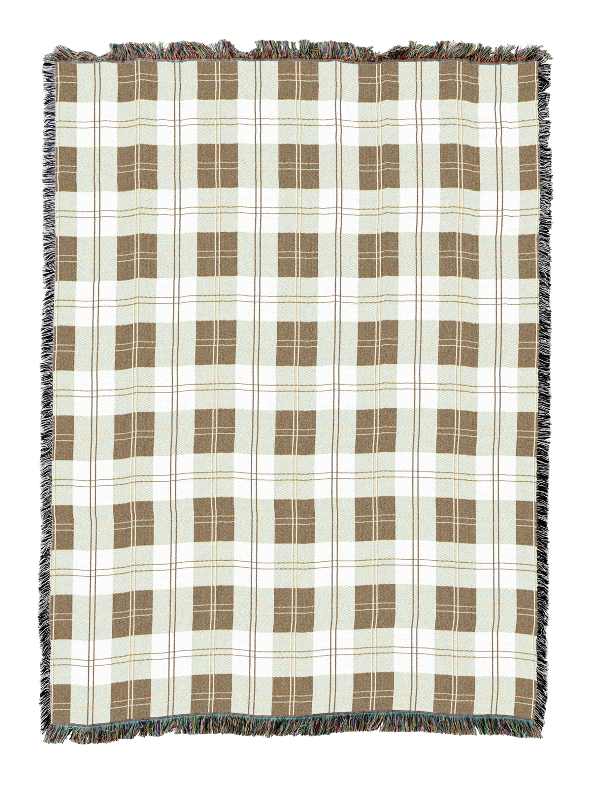 Plaid throw blanket in cream, tan, and dark grey with fringed edges