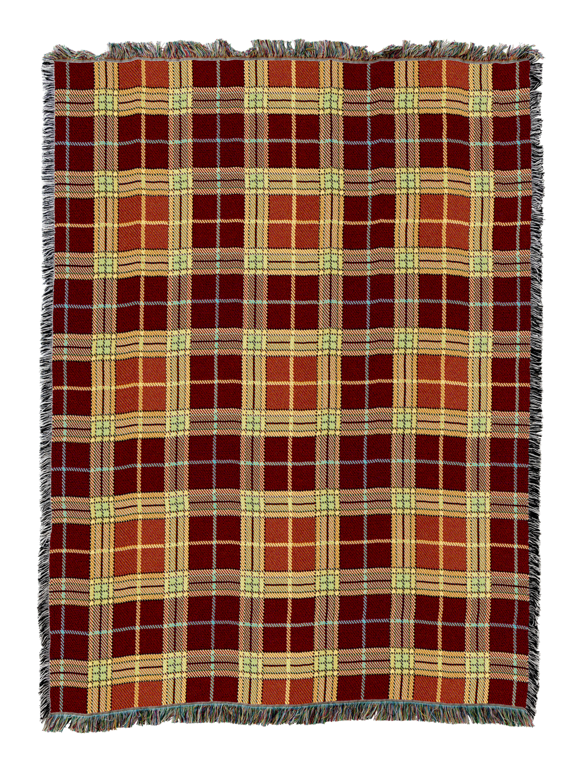 Plaid blanket with red, green, and yellow check pattern and fringed edges