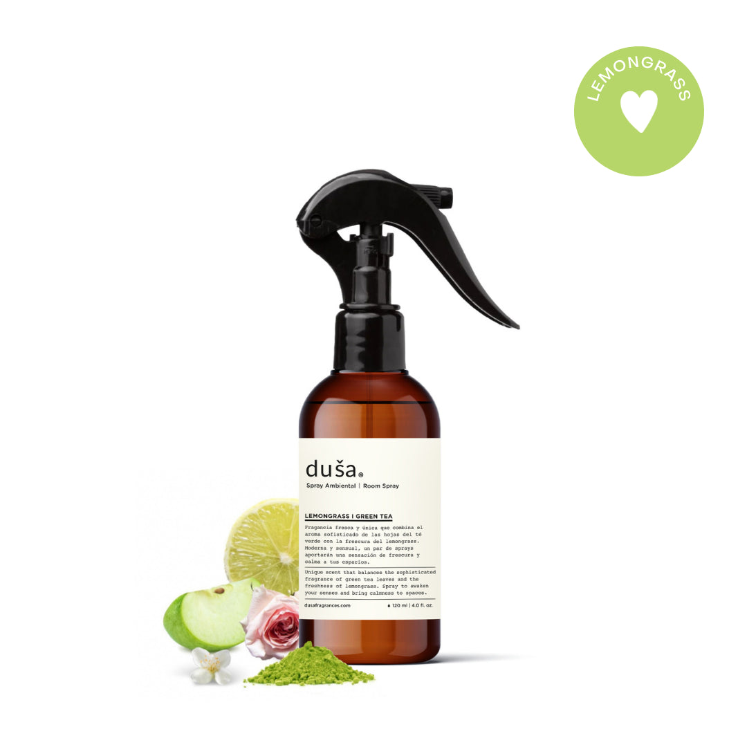 Amber room and linen spray bottle with black trigger sprayer