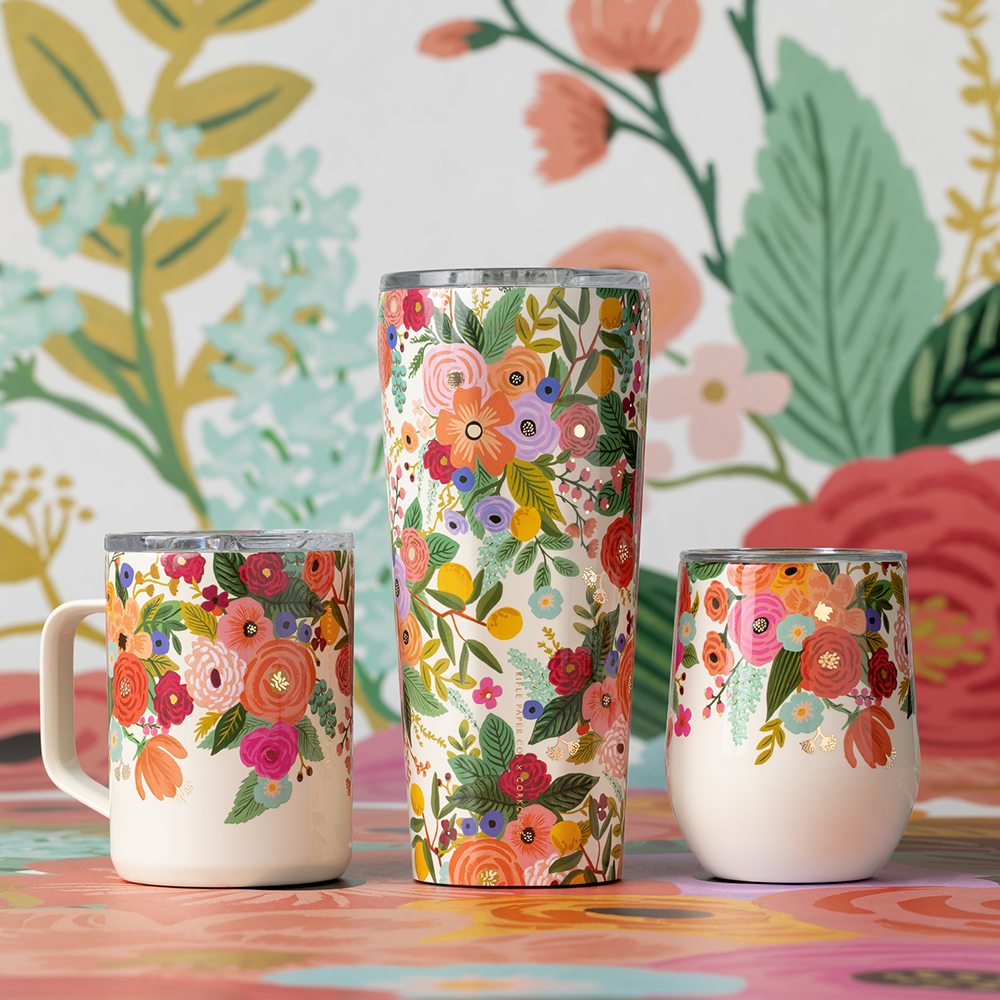 Set of three cream stemless 12oz tumblers with floral garden party print