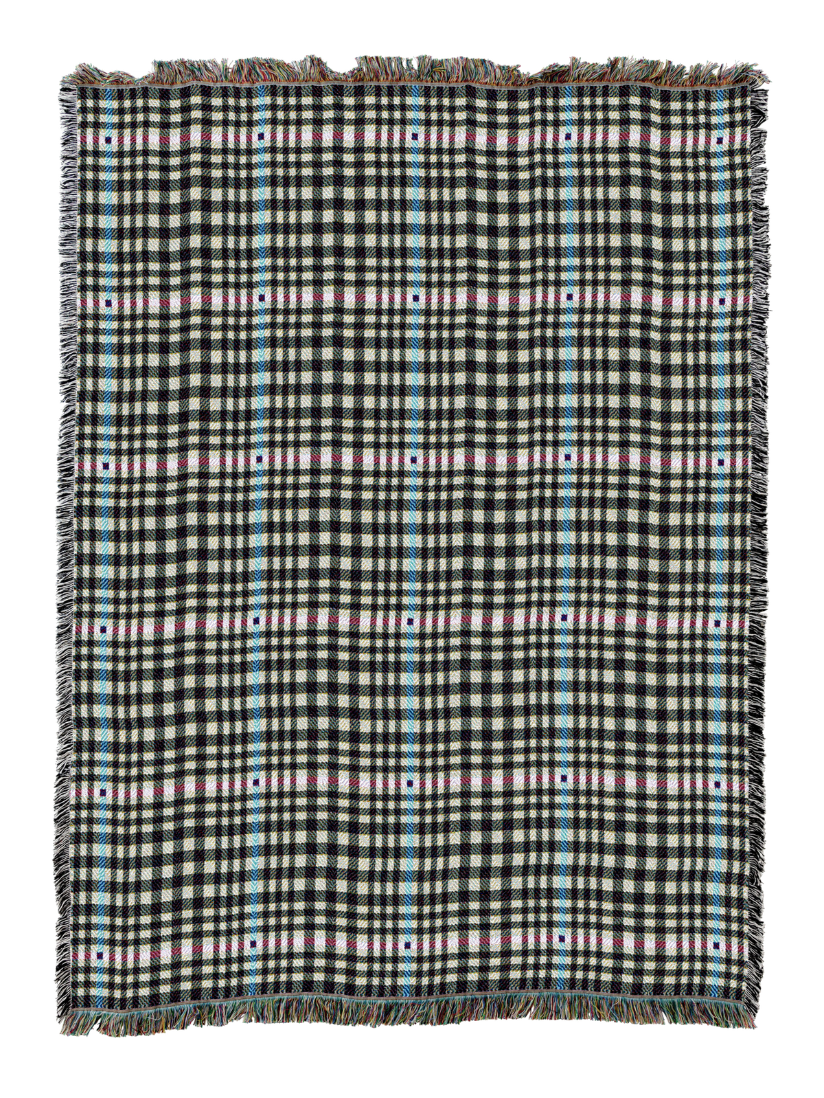 Herringbone-pattern woven blanket in dark grey plaid with blue and tan accents, fringed edge