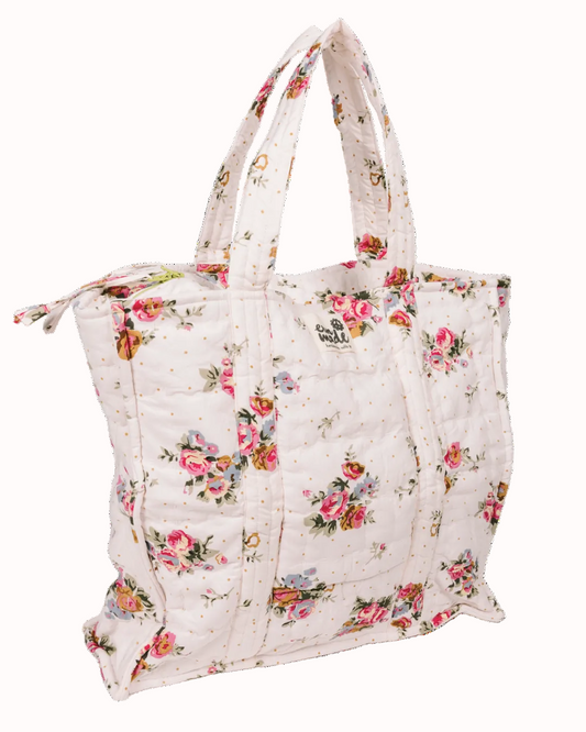 Floral zip tote bag with colorful rose print, double handles, side pockets