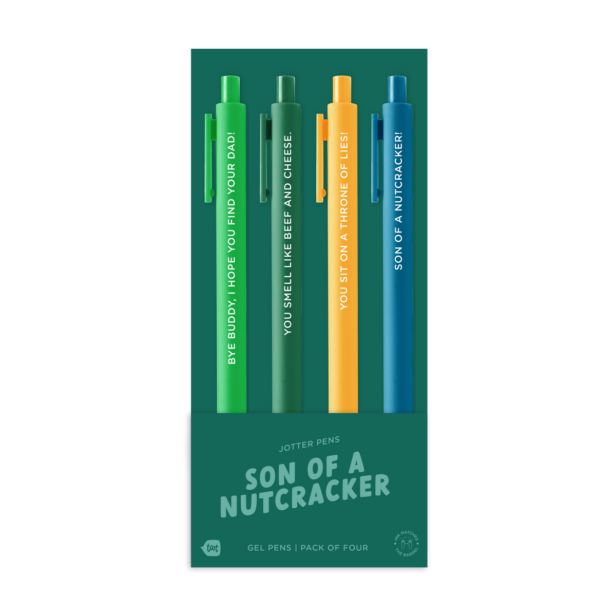 Four-pack of holiday gel pens in green, dark green, yellow, and blue.