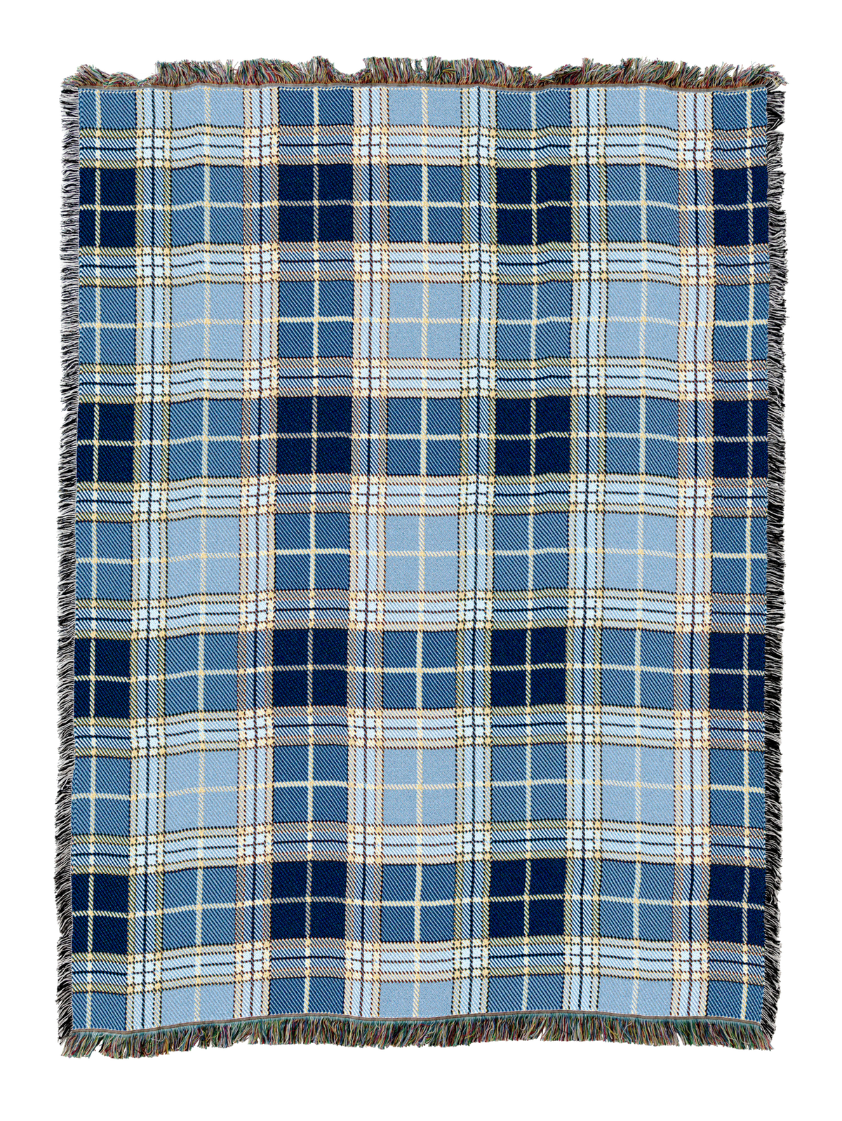 Blue and cream plaid tartan blanket with fringed edges