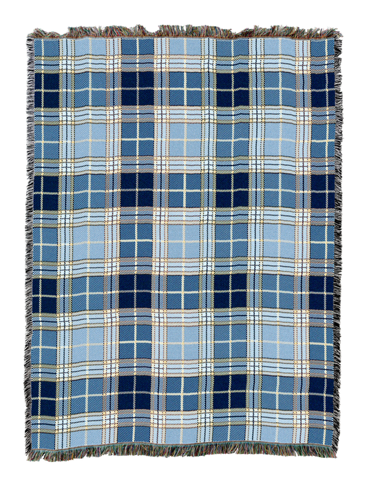 Blue and cream plaid tartan blanket with fringed edges