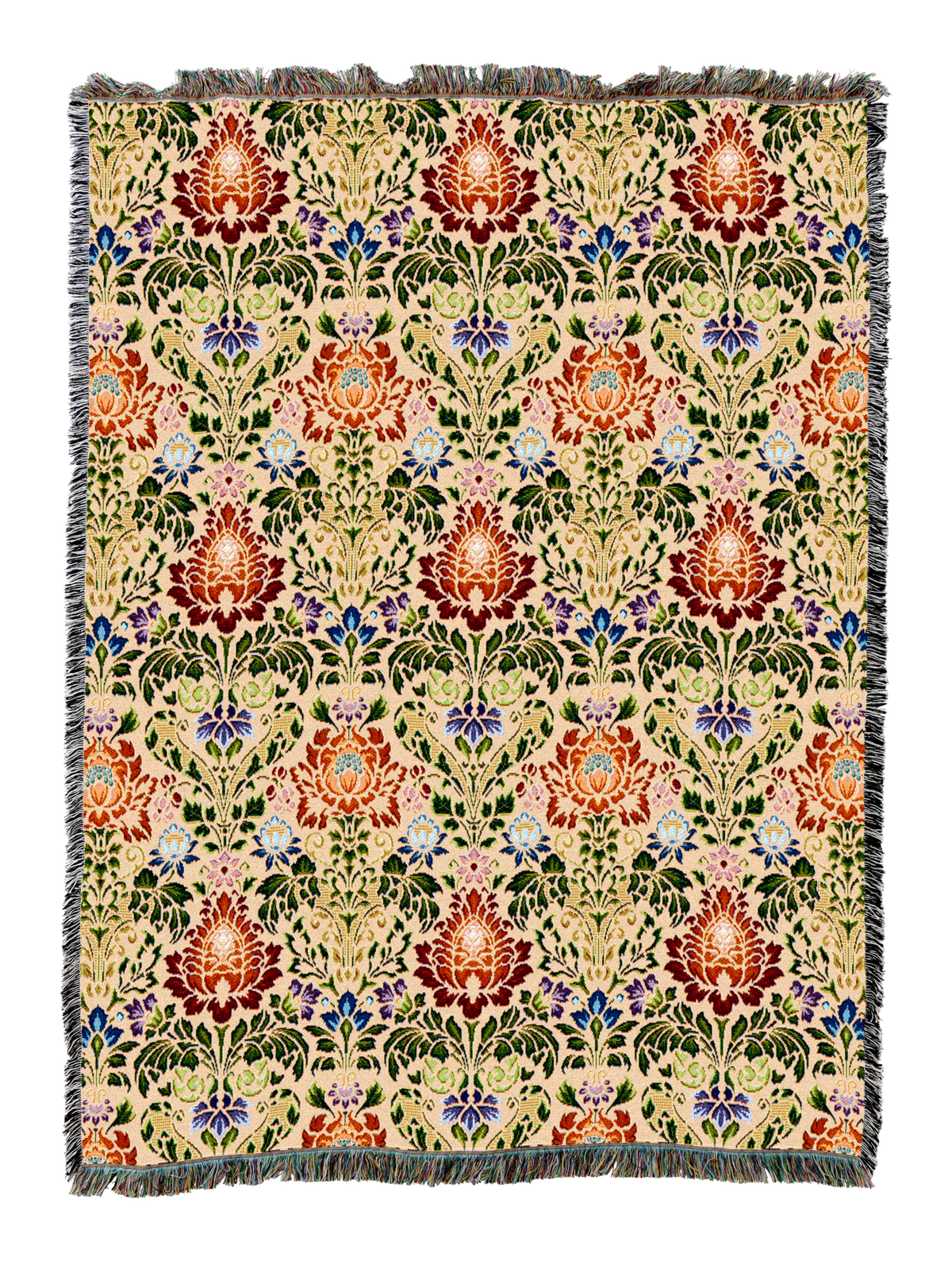 William Morris Acanthus Spectrum blanket with red, green, blue floral pattern