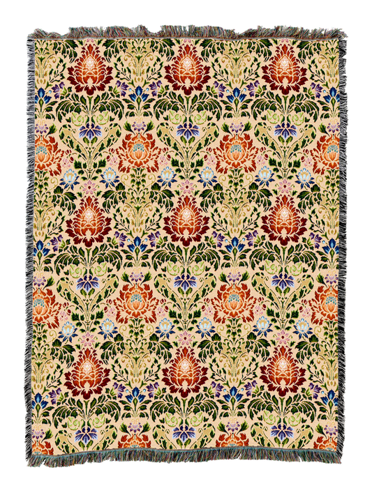 William Morris Acanthus Spectrum blanket with red, green, blue floral pattern
