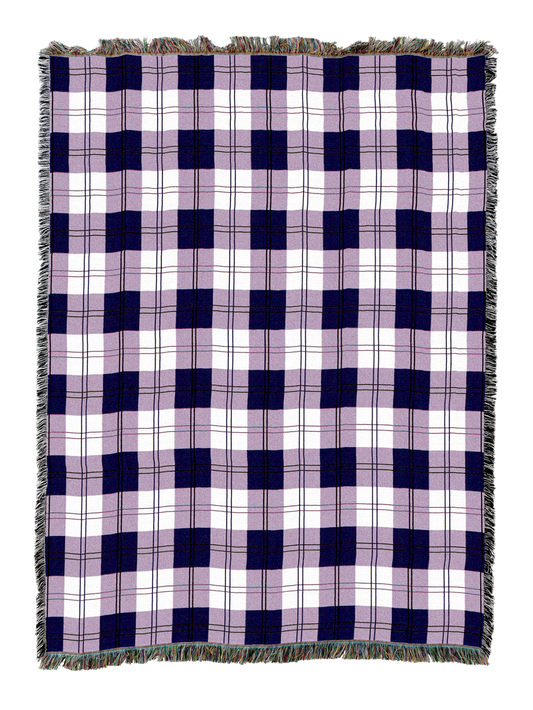 Boysenberry plaid blanket with navy and white checkered pattern, fringed edges