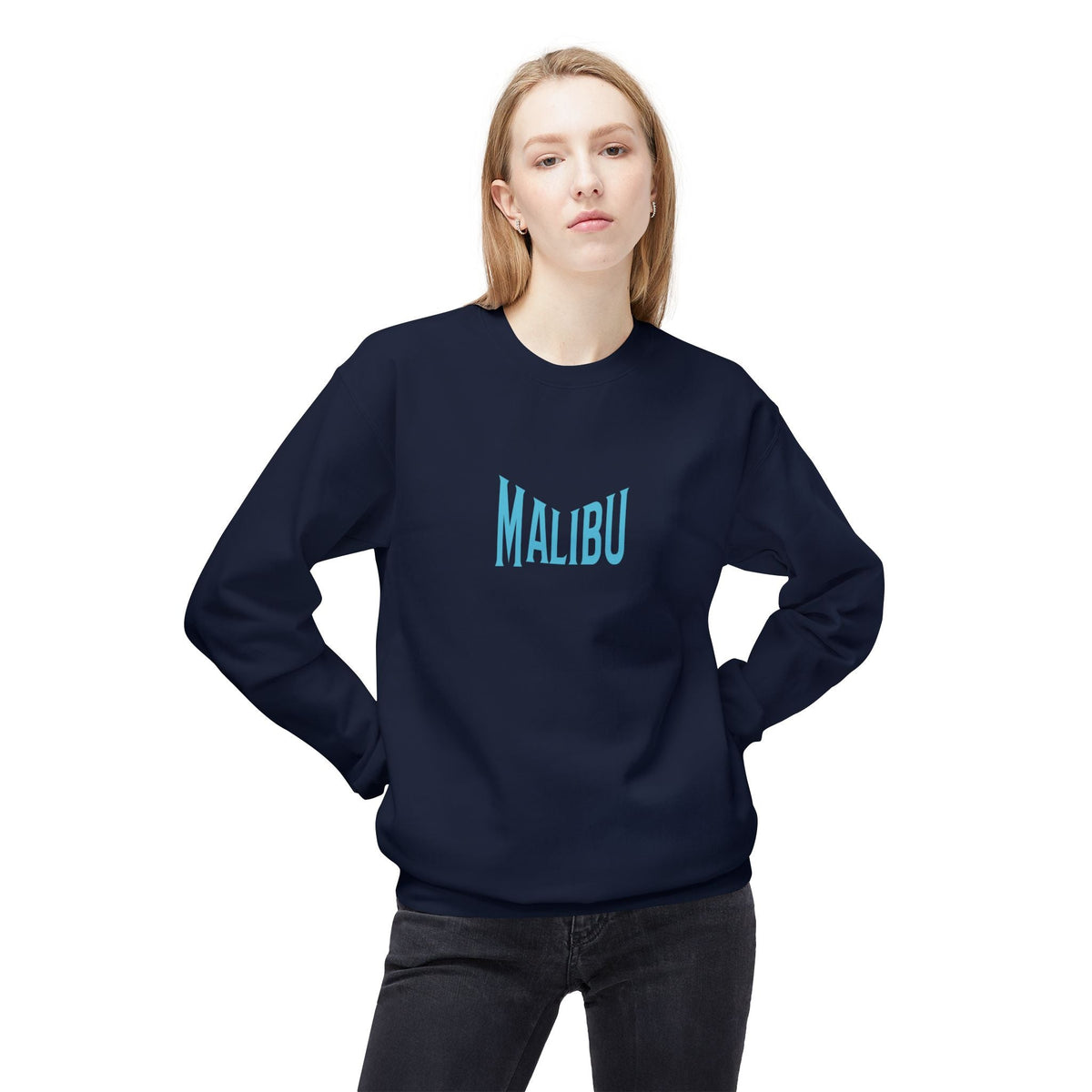 Navy fleece sweatshirt with teal MALIBU graphic, worn by model