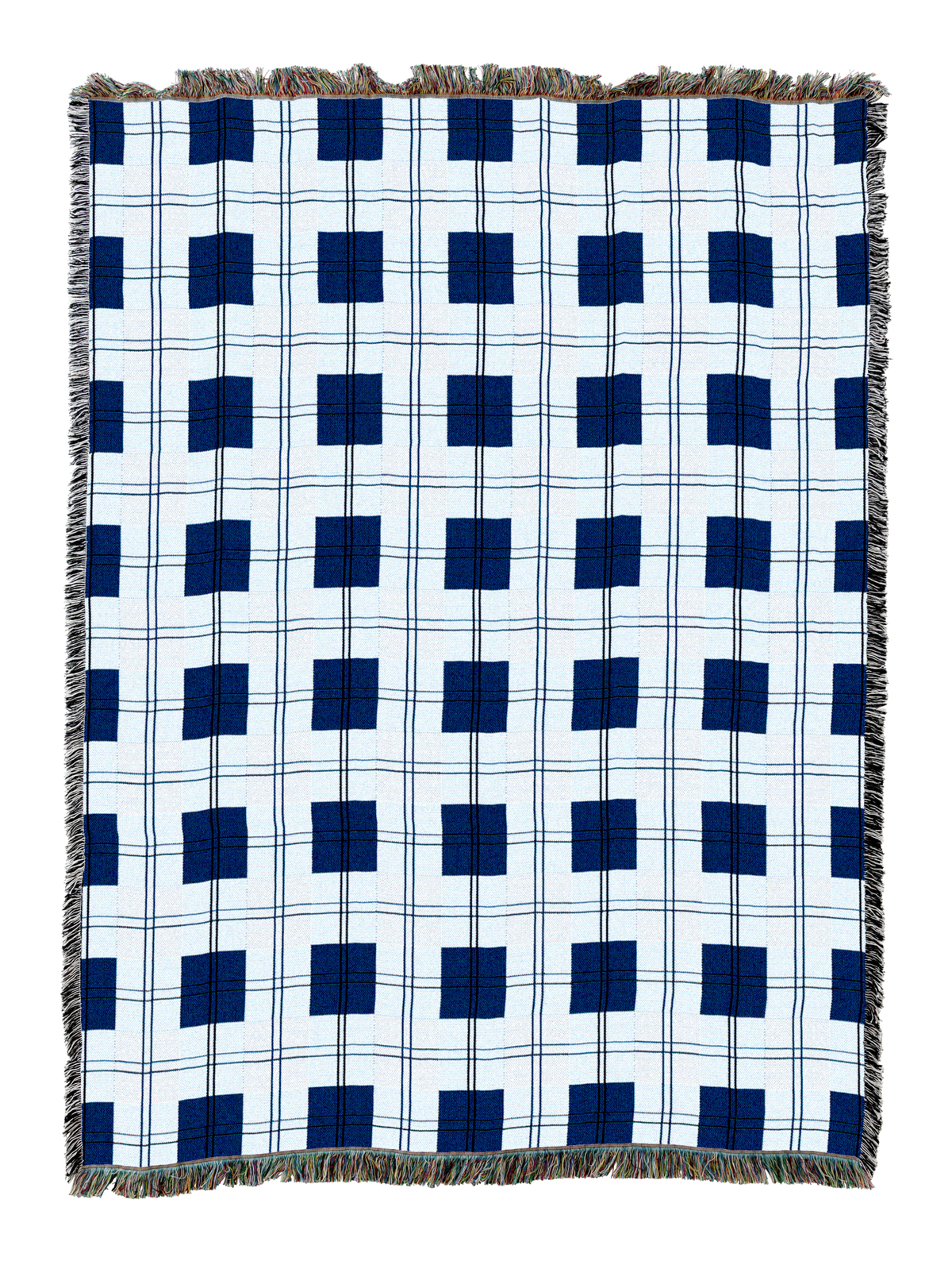 Blue-and-white plaid blanket with dark blue square pattern, fringed border