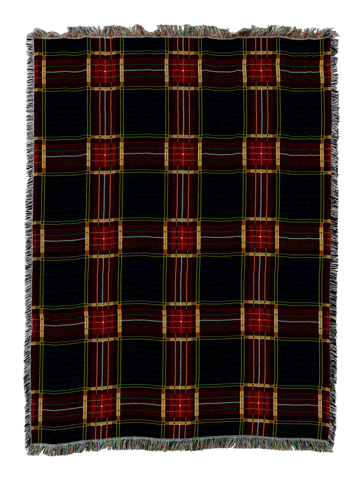 Plaid golf blanket with dark navy base and red, green, yellow stripes, fringed edges