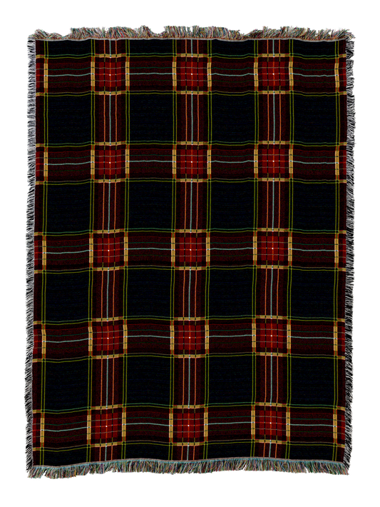 Plaid golf blanket with dark navy base and red, green, yellow stripes, fringed edges