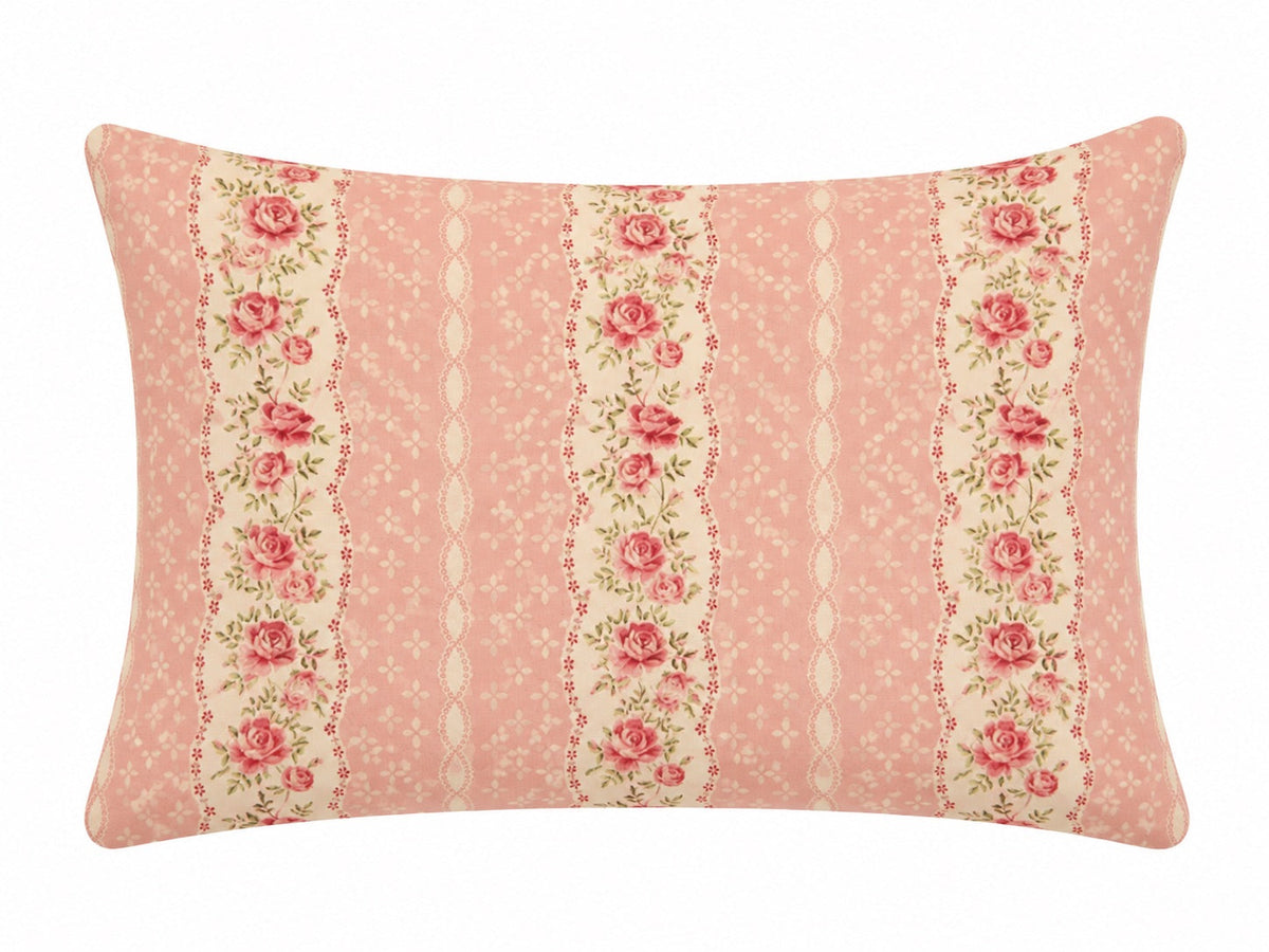 Pink pillowcase cover with vertical rose and lace-patterned stripes