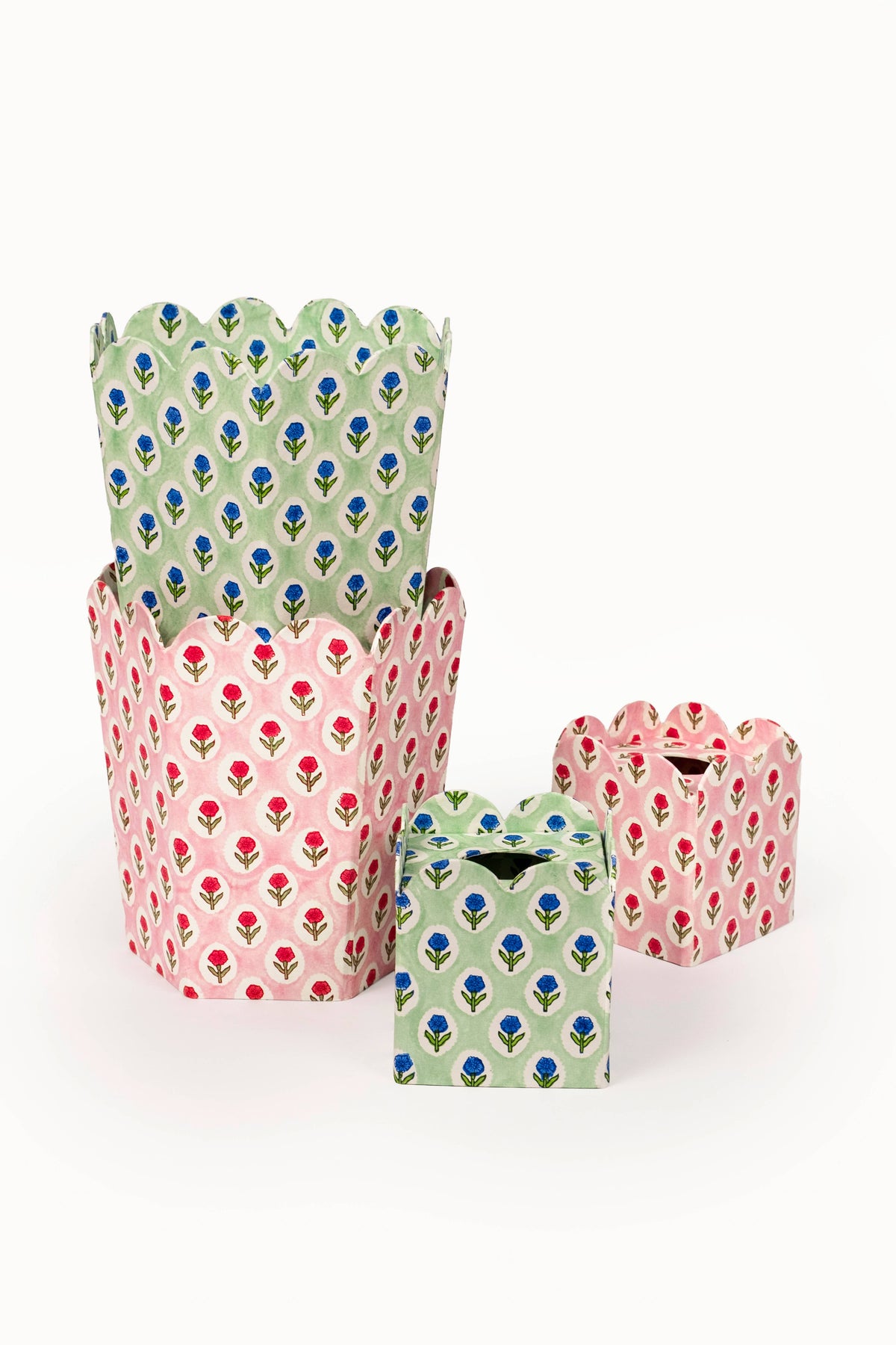 Collapsible storage baskets: mint main with blue leaf print plus pink patterned bins