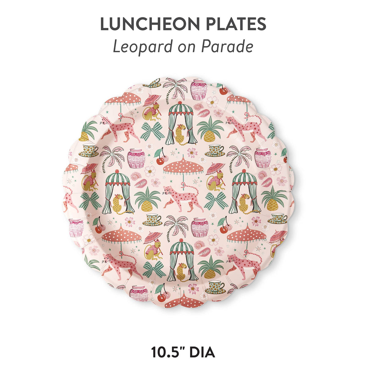 Scalloped pink luncheon plate with tropical animal and umbrella pattern, 10.5 in dia