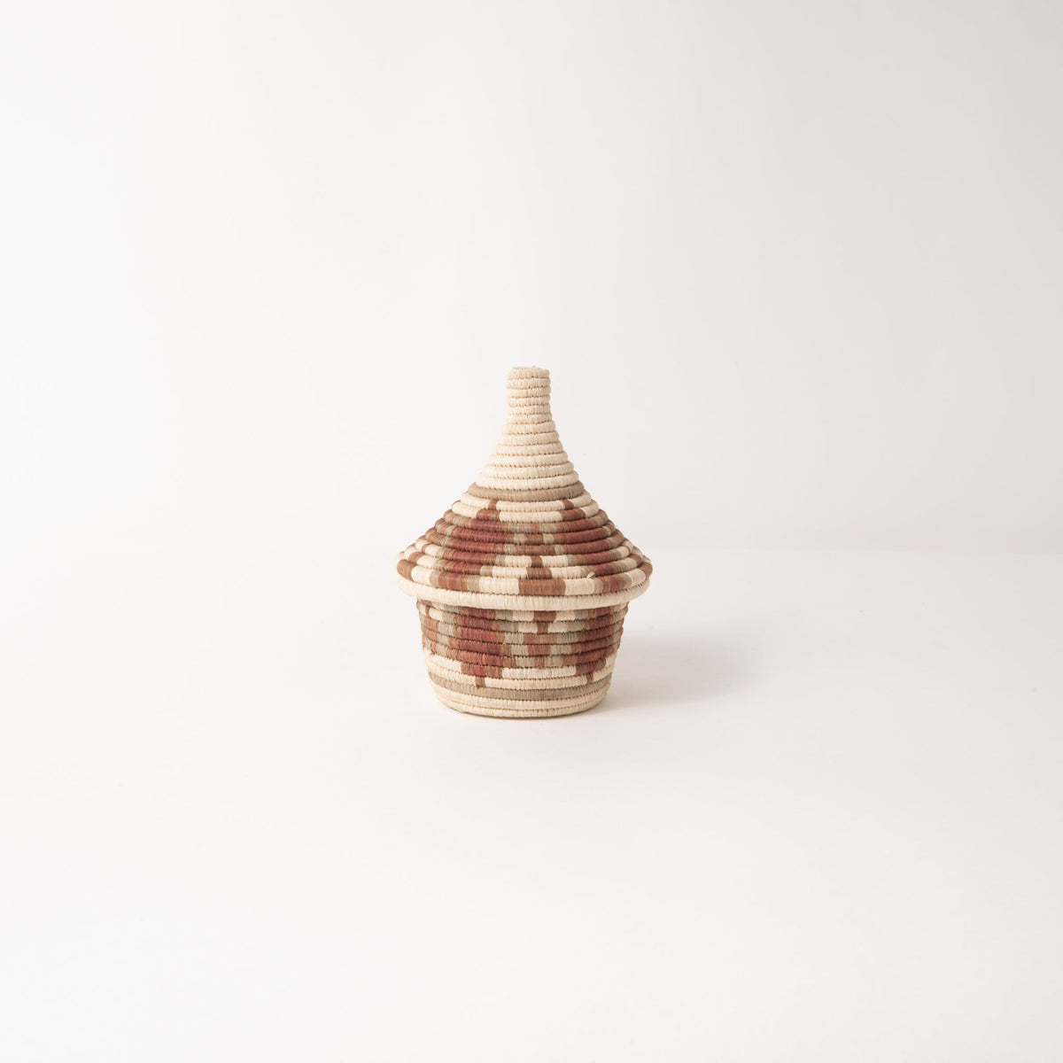 Woven decorative coffee basket with lid, striped pattern in natural and brown tones
