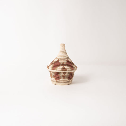 Woven decorative coffee basket with lid, striped pattern in natural and brown tones