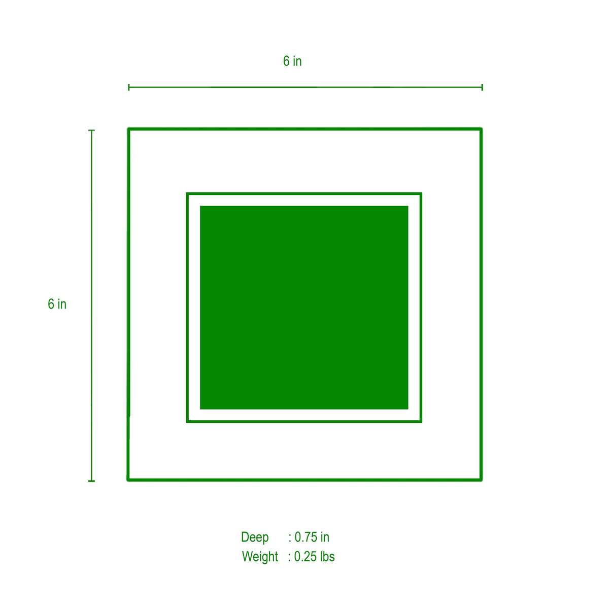 Trinket tray size diagram: 6 in square, 0.75 in deep; weight 0.25 lb