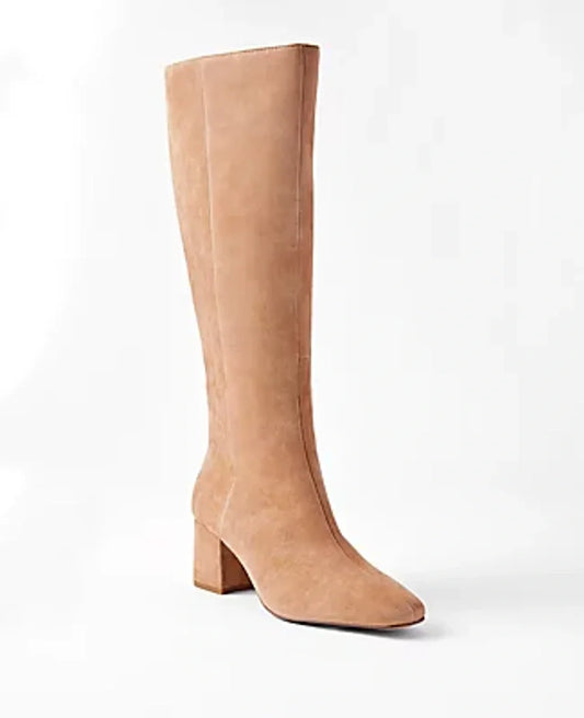 Ann Taylor suede tall boot in sand with a pointed toe and 2.5-inch block heel