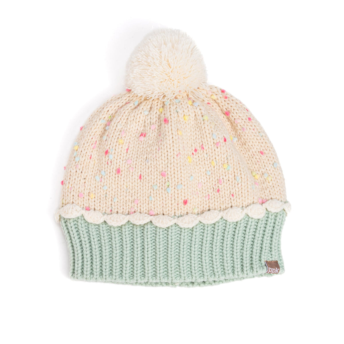 Children's knit beanie with cream sprinkle-knit crown, scalloped trim and mint green ribbed cuff