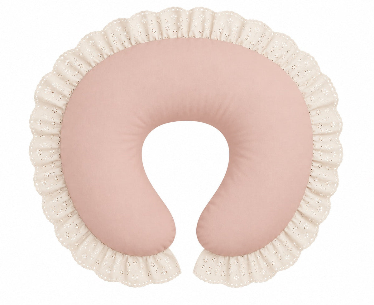 Solid pink nursing pillow cover with ivory eyelet lace ruffle