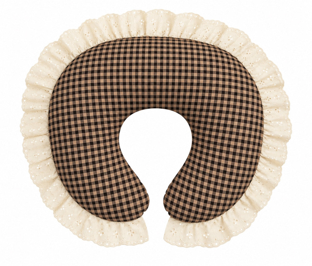 Nursing pillow cover with dark brown gingham and ivory eyelet lace ruffle