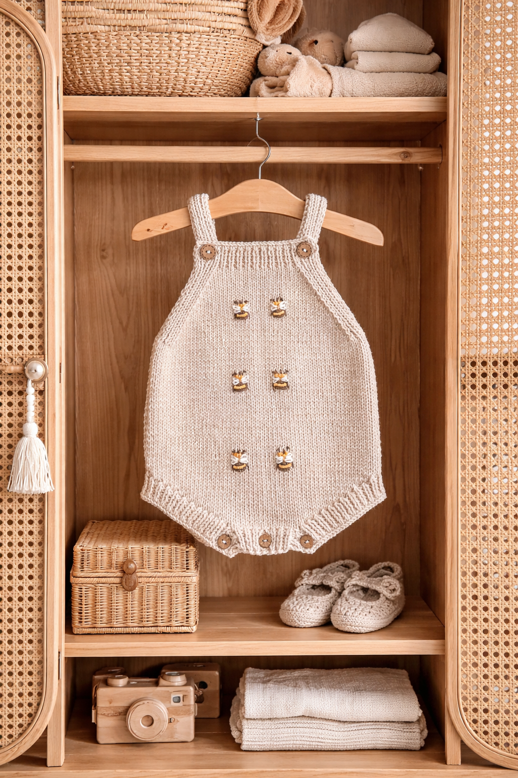 Light beige knit baby romper with shoulder straps and bee appliques