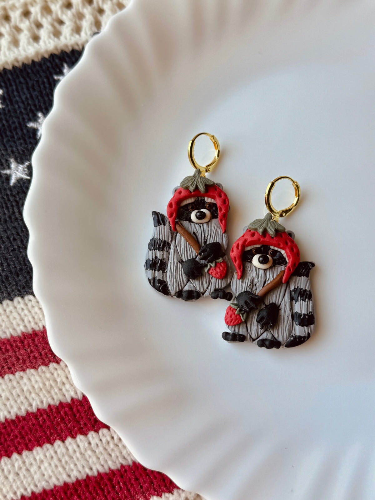 Strawberry owl dangle earrings with gold-tone hoops and red fabric details