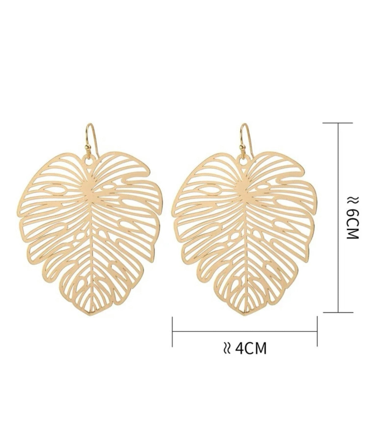 Gold leaf earrings, leaf-shaped dangles sized 4 cm wide and 6 cm long